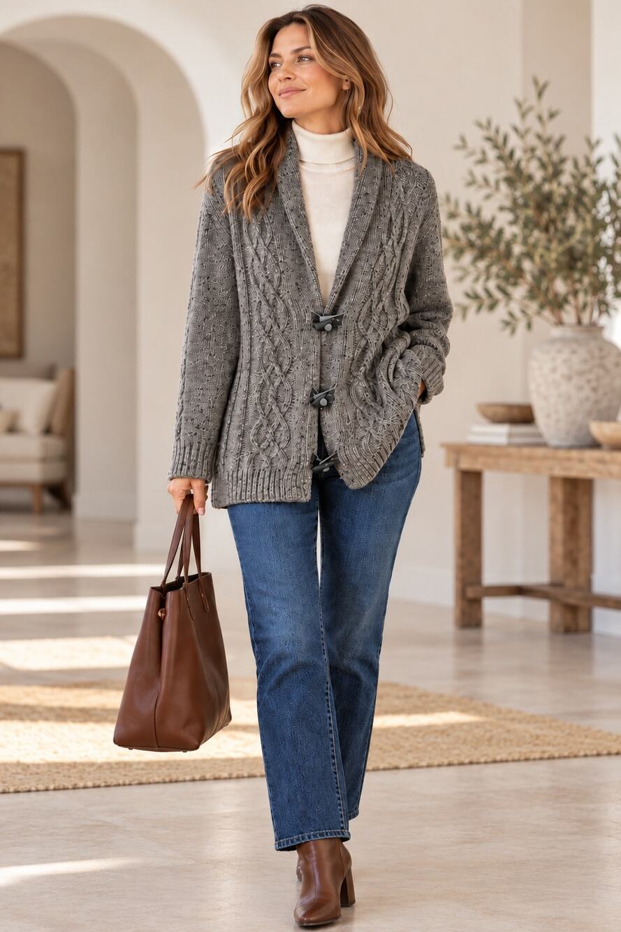 Coldwater Creek Wool Blend Cable Knit Toggle Cardigan Sweater Gray 2X